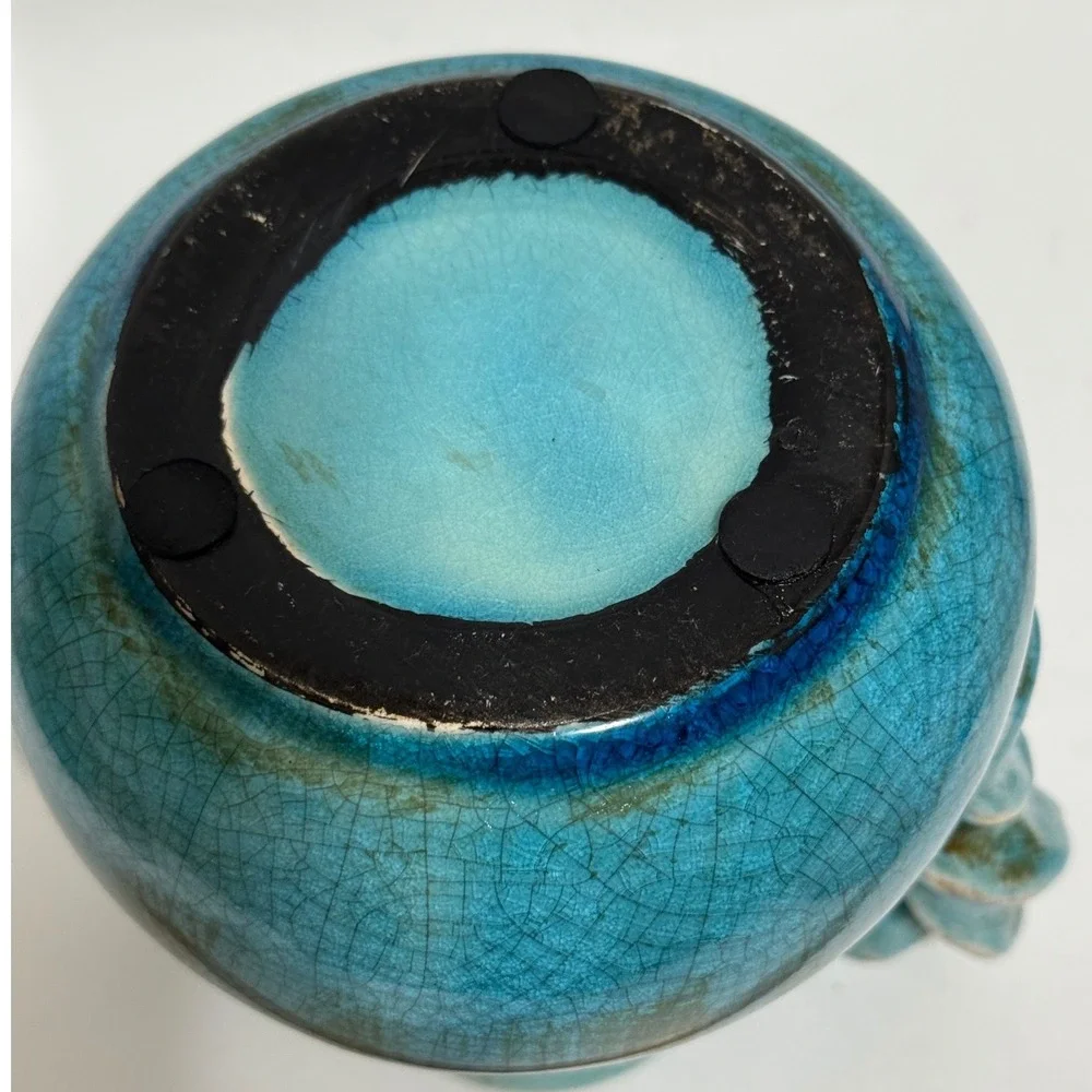 Turquoise Crackle Glaze Amphora Vase Twisted Handles Mediterranean Decor 7